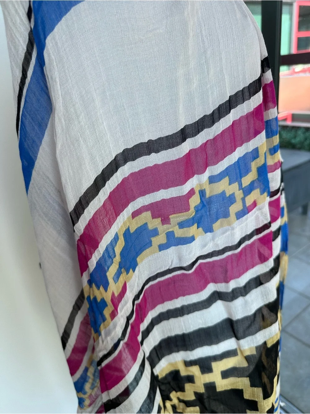 Mi Cream Scarf with Blue, Pink, Black and Tan Pattern